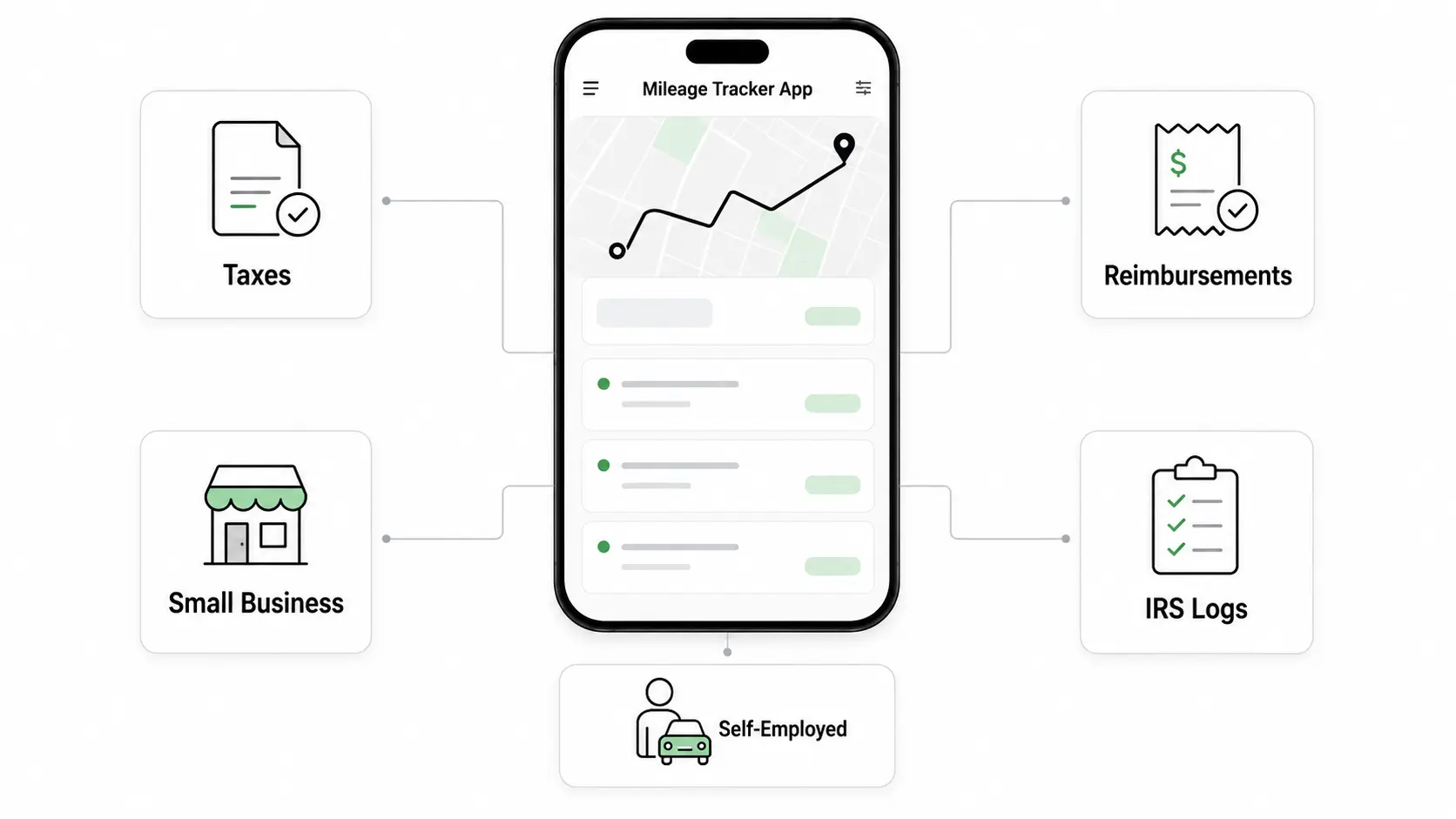 Mileage tracker app keyword map covering taxes, reimbursements, small business, self-employed drivers, and IRS mileage tracking